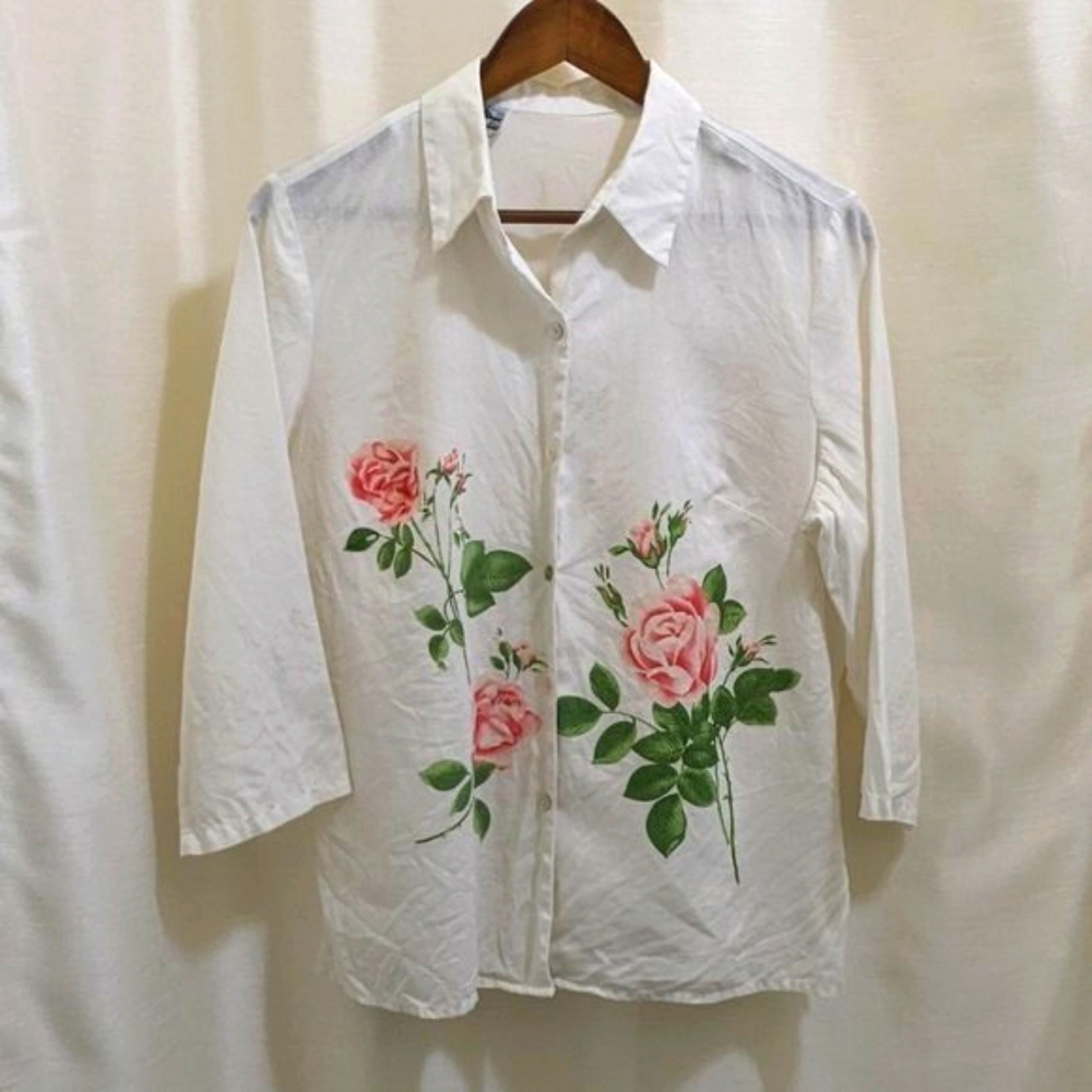 Irish Linen Button White Floral Blouse 3/4 Sleeves - Sz M